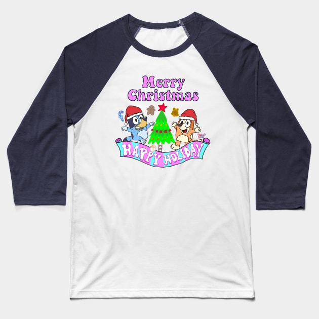 Merry Christmas and Happy Holiday // Bluey Baseball T-Shirt by 80sCartoons.Club